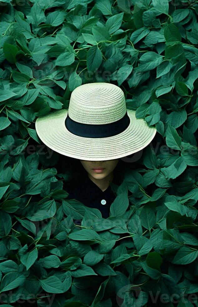 tropisk kvinna brunett porträtt mode stil utomhus vår grön vit sommar hatt foto