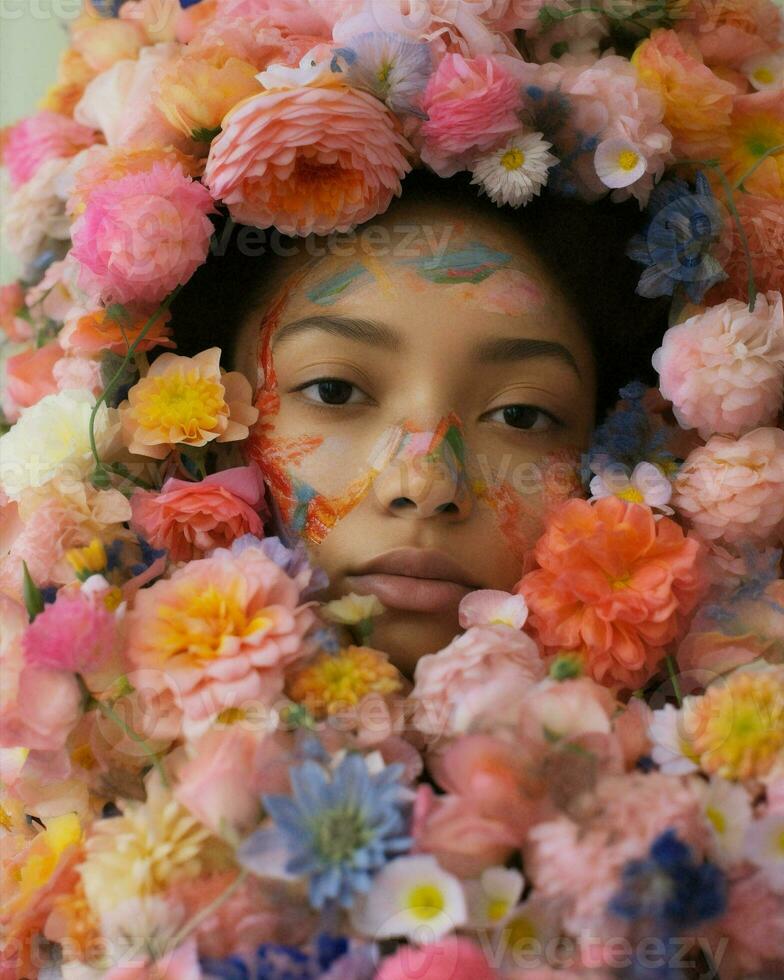 blommor natur ljuv liten vår blommig begrepp grön porträtt flicka söt barn skog foto