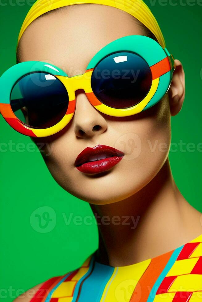 stil kvinna trendig solglasögon gul neon skönhet rosa Färg modern hipster foto