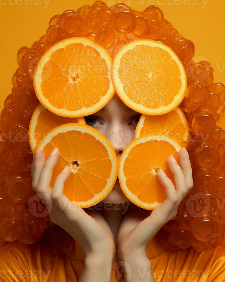 kvinna frukt porträtt orange skönhet foto