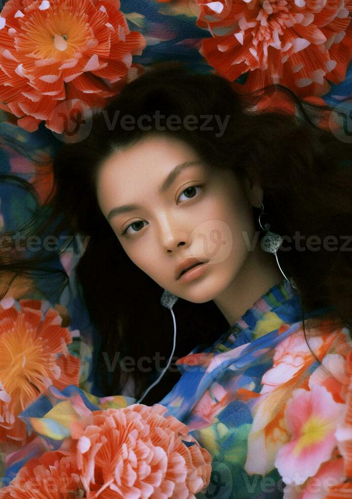 kvinna sommar tropisk Söt årgång löv fågel porträtt skönhet hud asiatisk dekoration blomma färgrik foto
