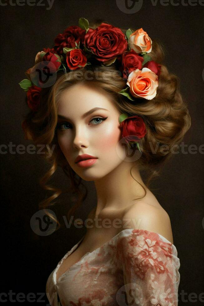 kvinna skönhet röd reste sig blommor foto