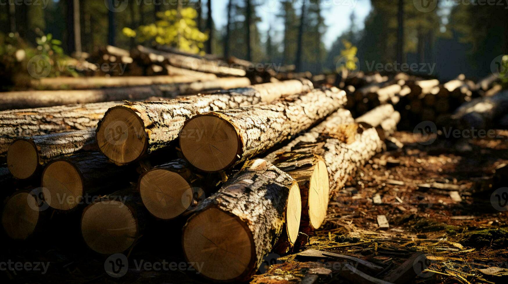 nyligen skära naturlig loggar från träd på skogsavverkning webbplats i de skog foto