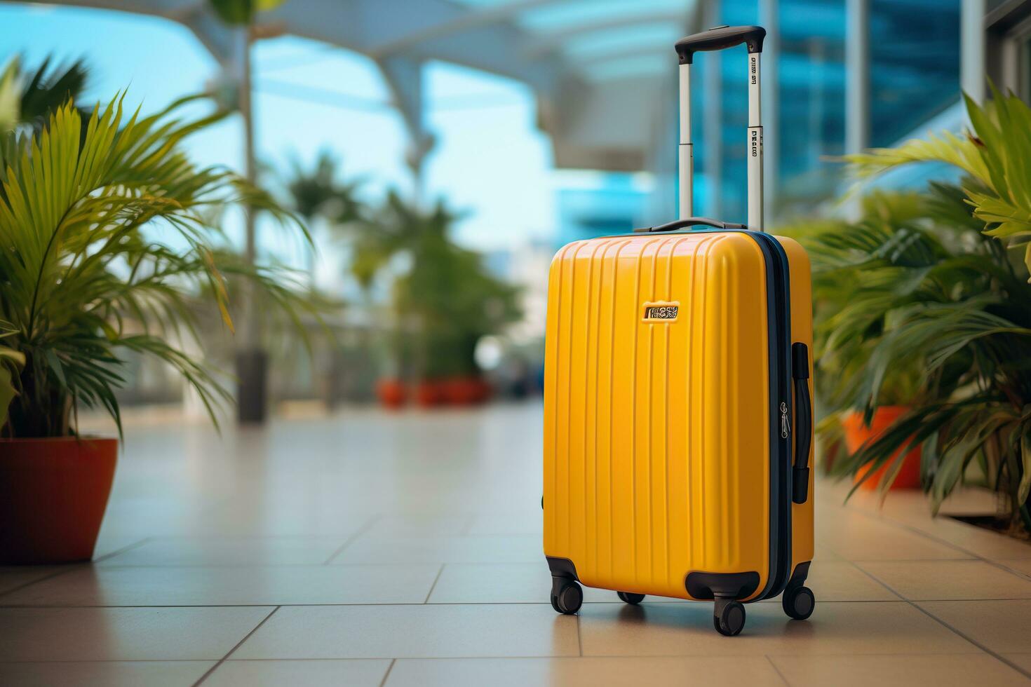 ett eleganta gul resväska på hjul står i de flygplats. begrepp av semester, reser förbi plan. foto