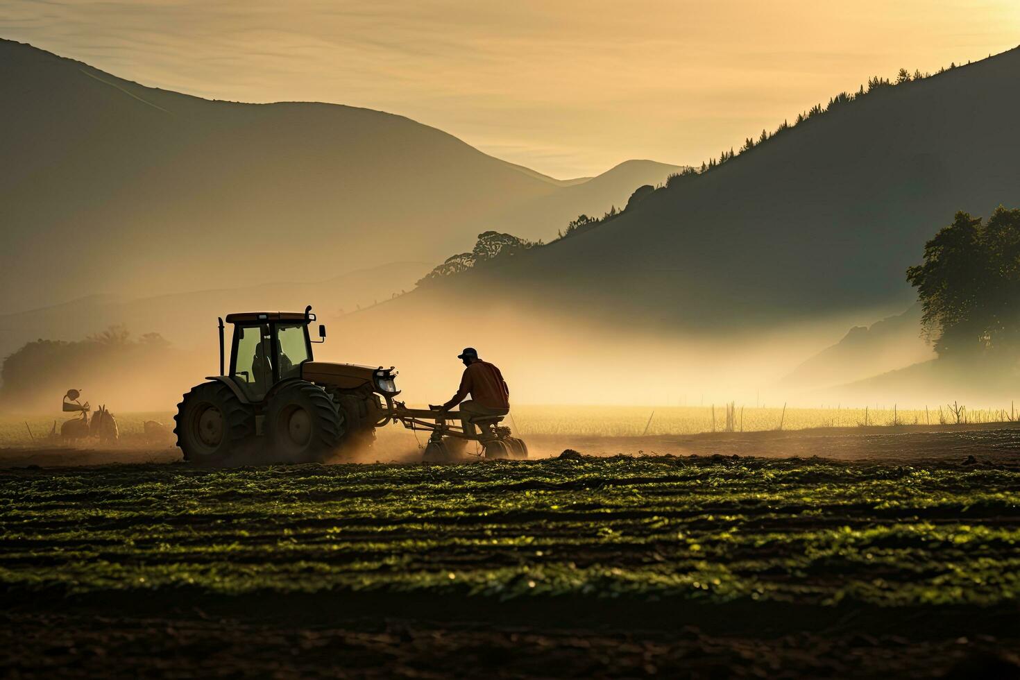 jordbrukare med traktor på arbete i de fält på soluppgång. traktor framställning landa för sådd, jordbrukare rörelse en traktor arbetssätt i de fält i de morgon, ai genererad foto