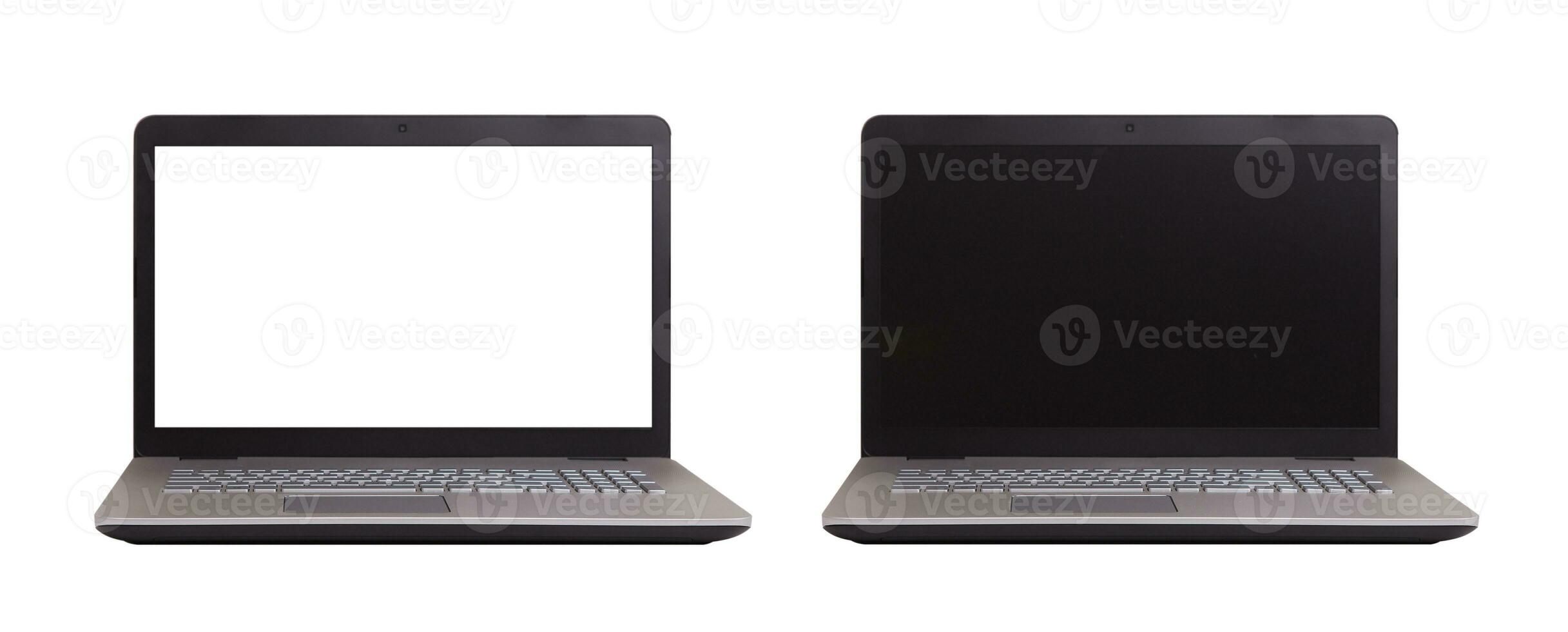 bärbar dator tom skärm på vit bakgrund, mockup, mall för din text, klippning banor inkluderad för bakgrund och enhet skärm svart och vit. uppsättning foto