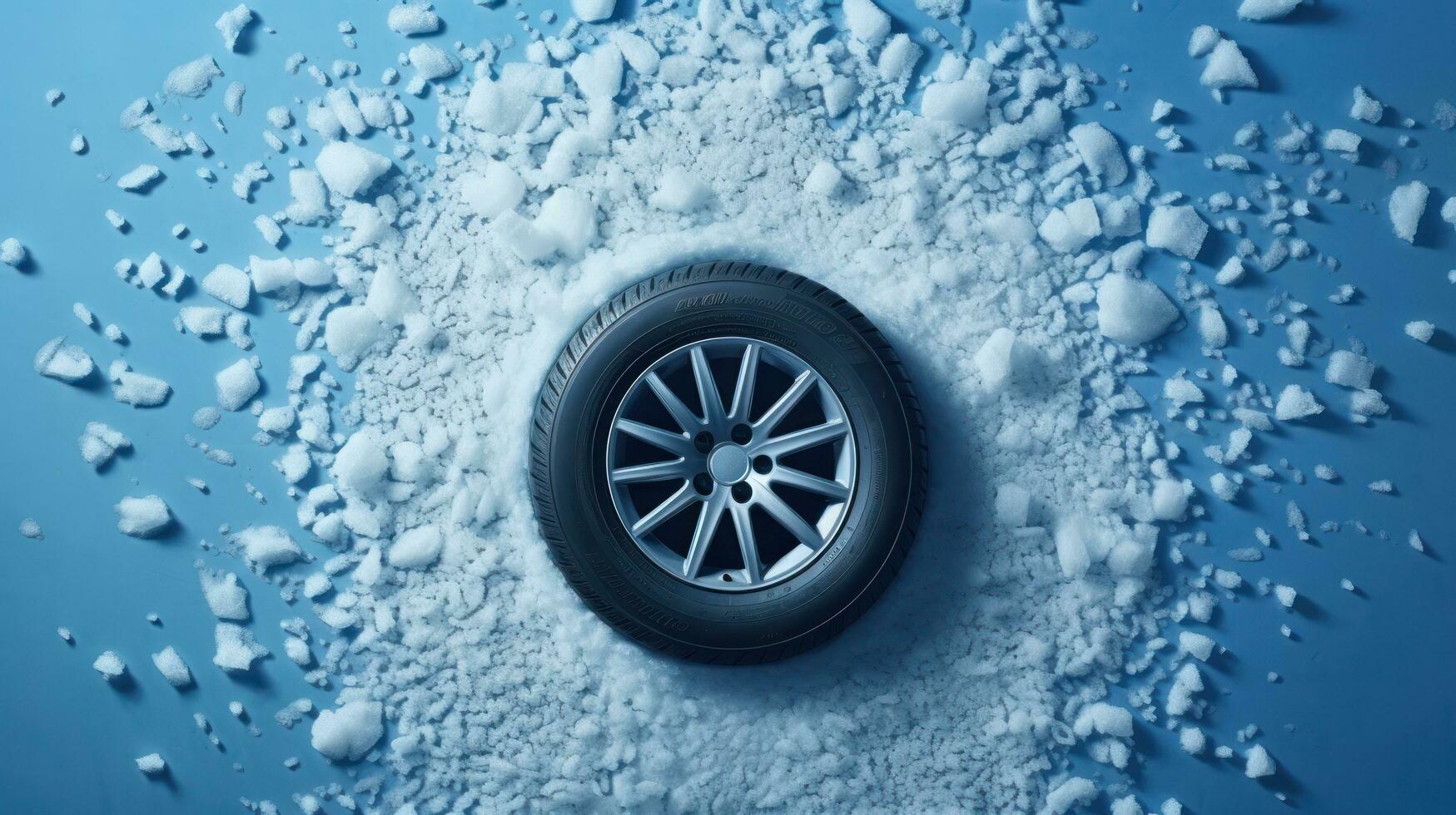 bil däck med realistisk snöflingor på blå bakgrund foto