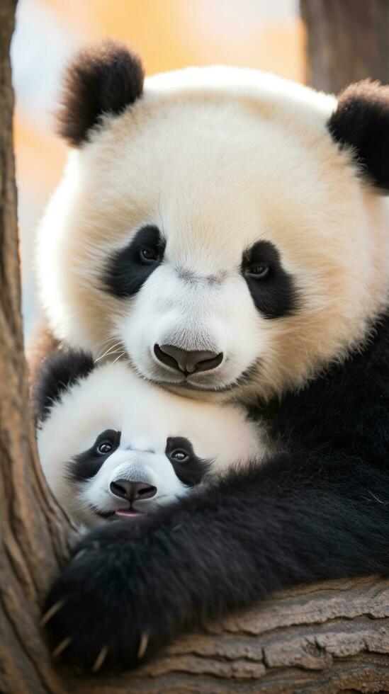 en mor panda och henne Valp mysade upp tillsammans för en tupplur foto