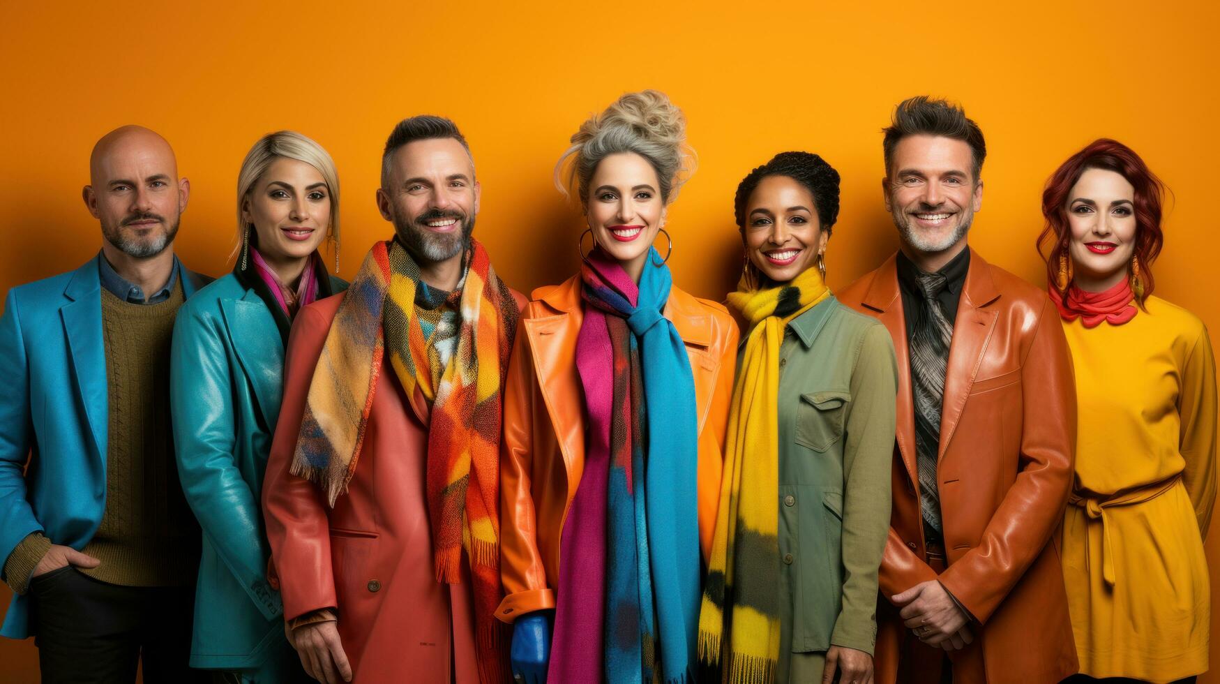porträtt av leende mångkulturell vänner i färgrik regnrockar på orange bakgrund. foto