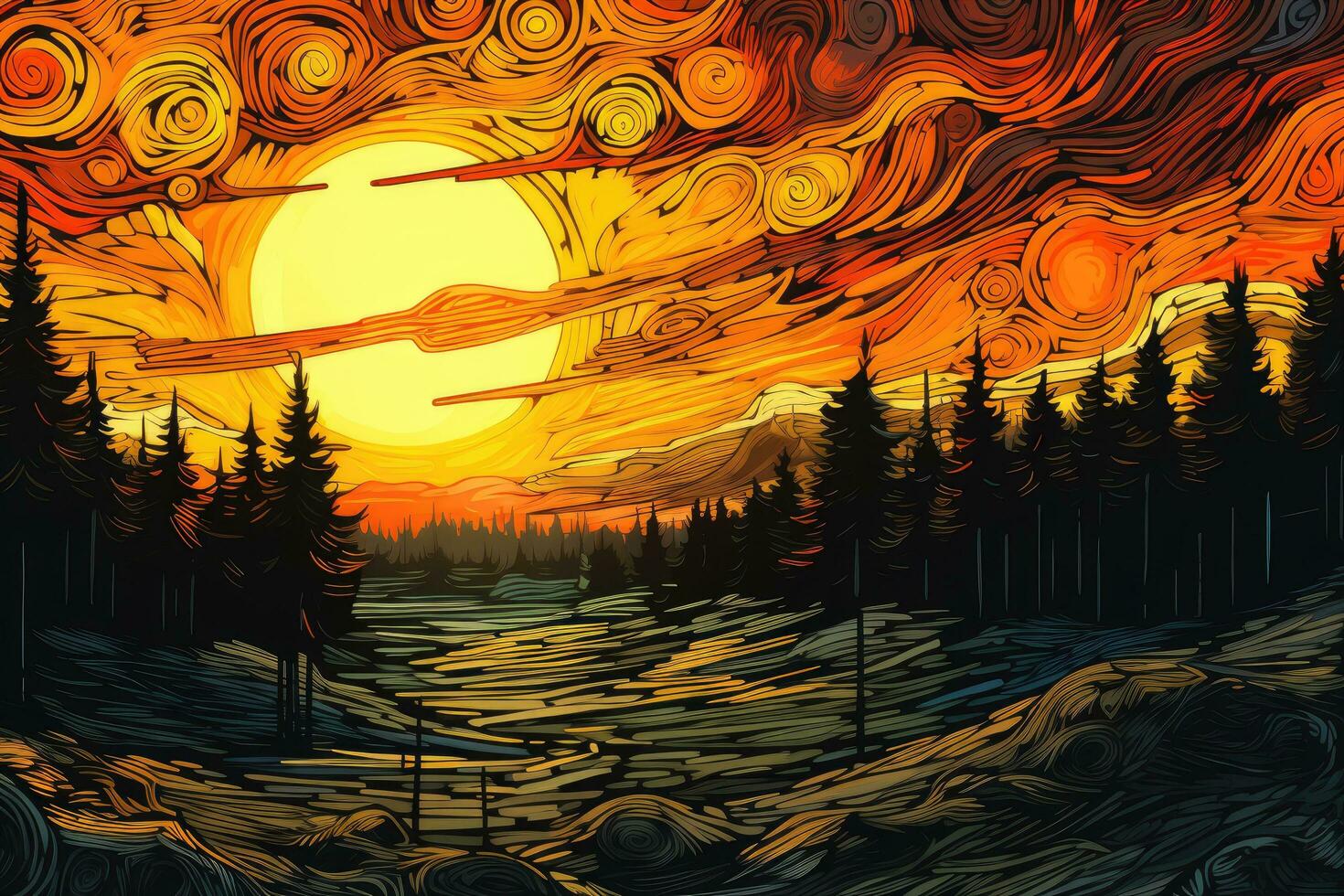 solnedgång i de skog. vektor illustration av en skön landskap, skog landskap, virvlande orange himmel, tömma bakgrund, färgrik, skåpbil gogh stil målning, ai genererad foto