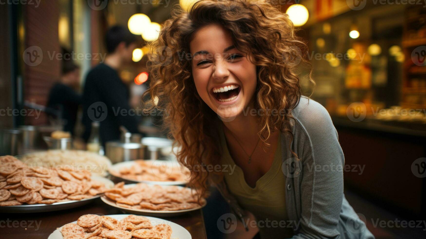 skön ung skrattande kvinna äter småkakor i en Kafé i paris, Frankrike. foto