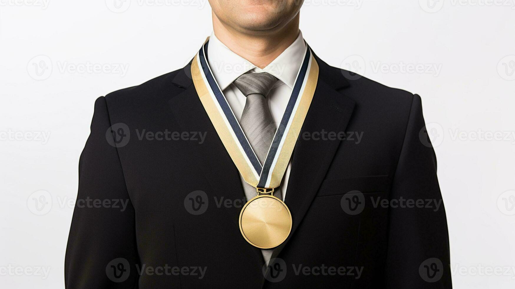 en man i en kostym och slips innehav en guld medalj ai genererad foto