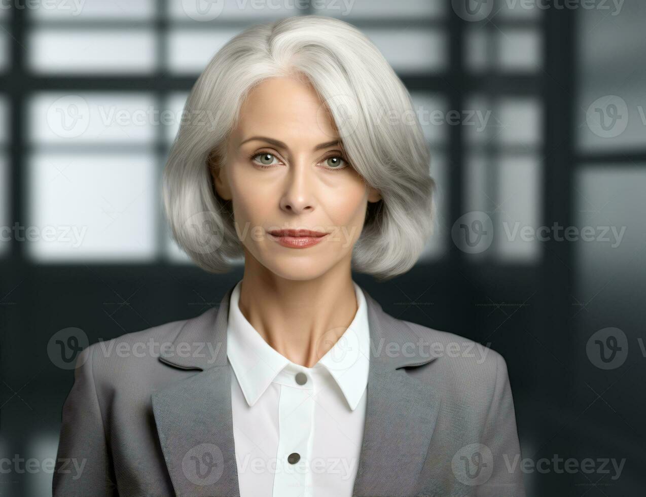 senior vd företag kvinna porträtt i henne företag kontor byggnad ai generativ foto