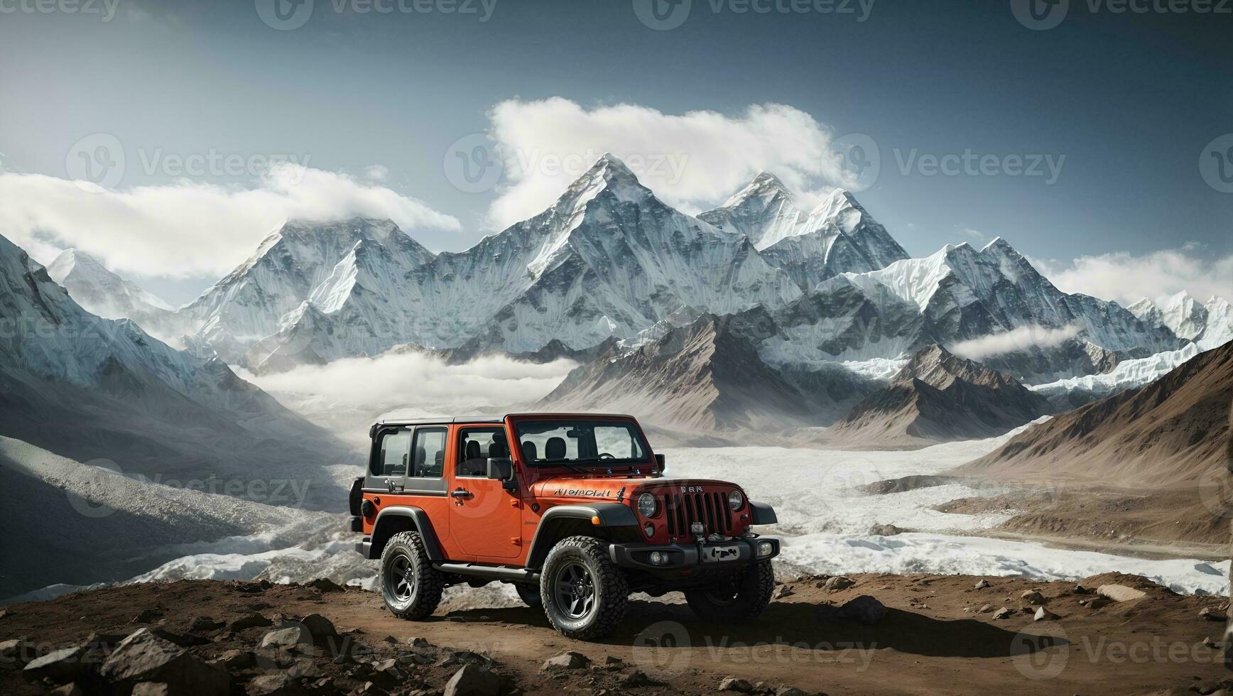 montera everest bakgrund med jeep. ai genererad foto