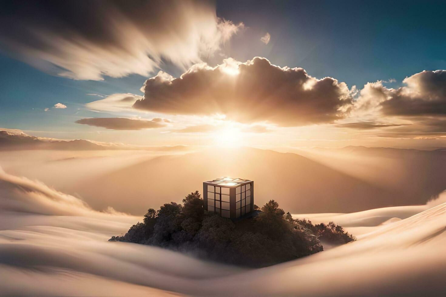 en små hus i de moln med de Sol lysande. ai-genererad foto