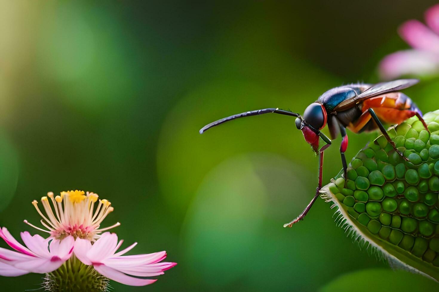 en geting är Sammanträde på en grön blad. ai-genererad foto