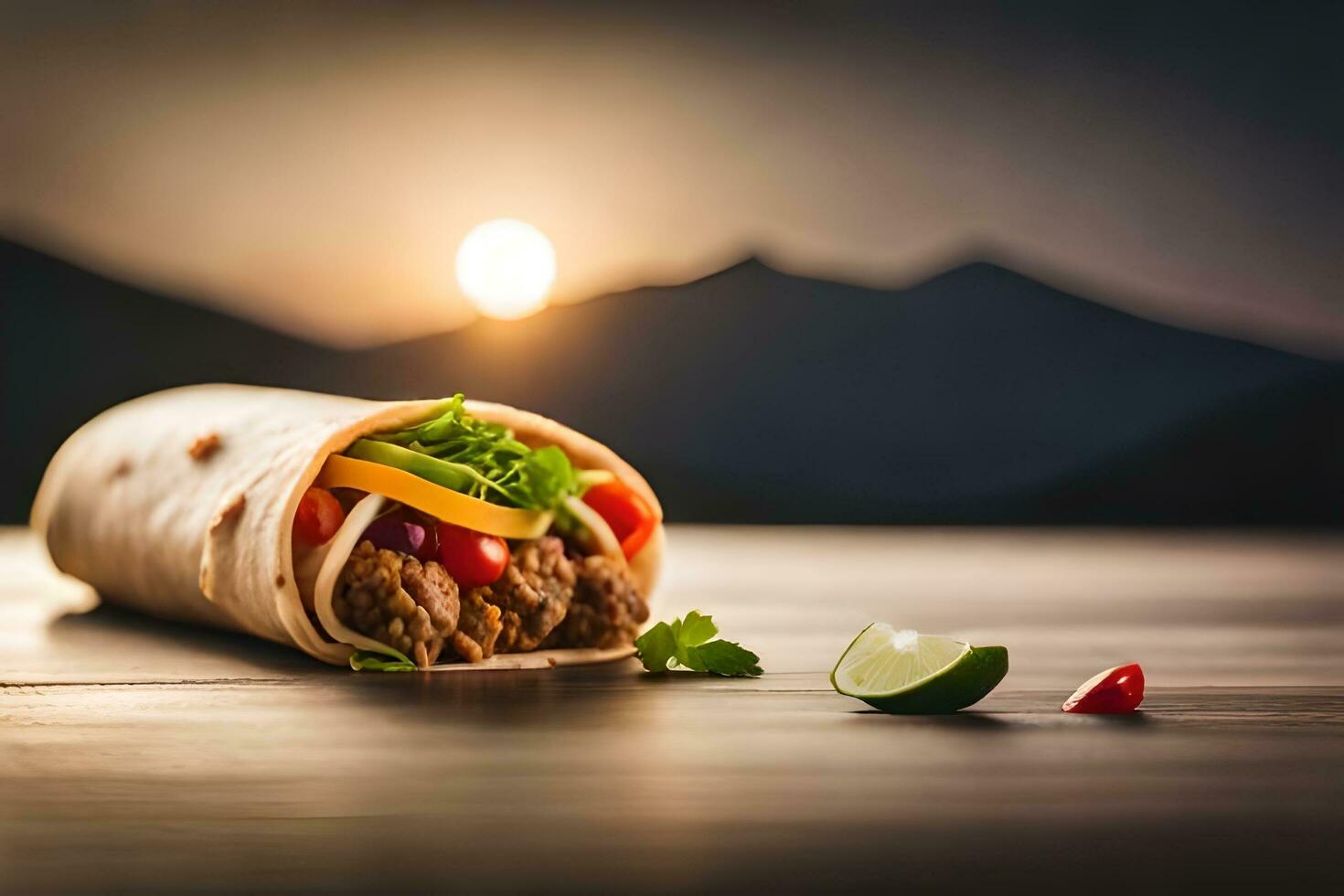 burrito med kött och grönsaker på en trä- tabell med solnedgång i de bakgrund. ai-genererad foto