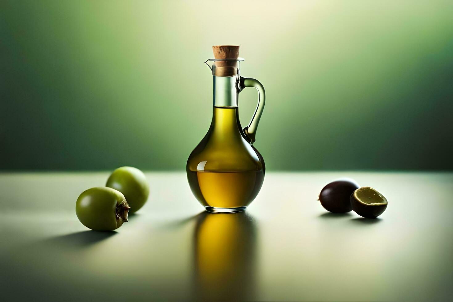 en flaska av oliv olja och några oliver på en tabell. ai-genererad foto
