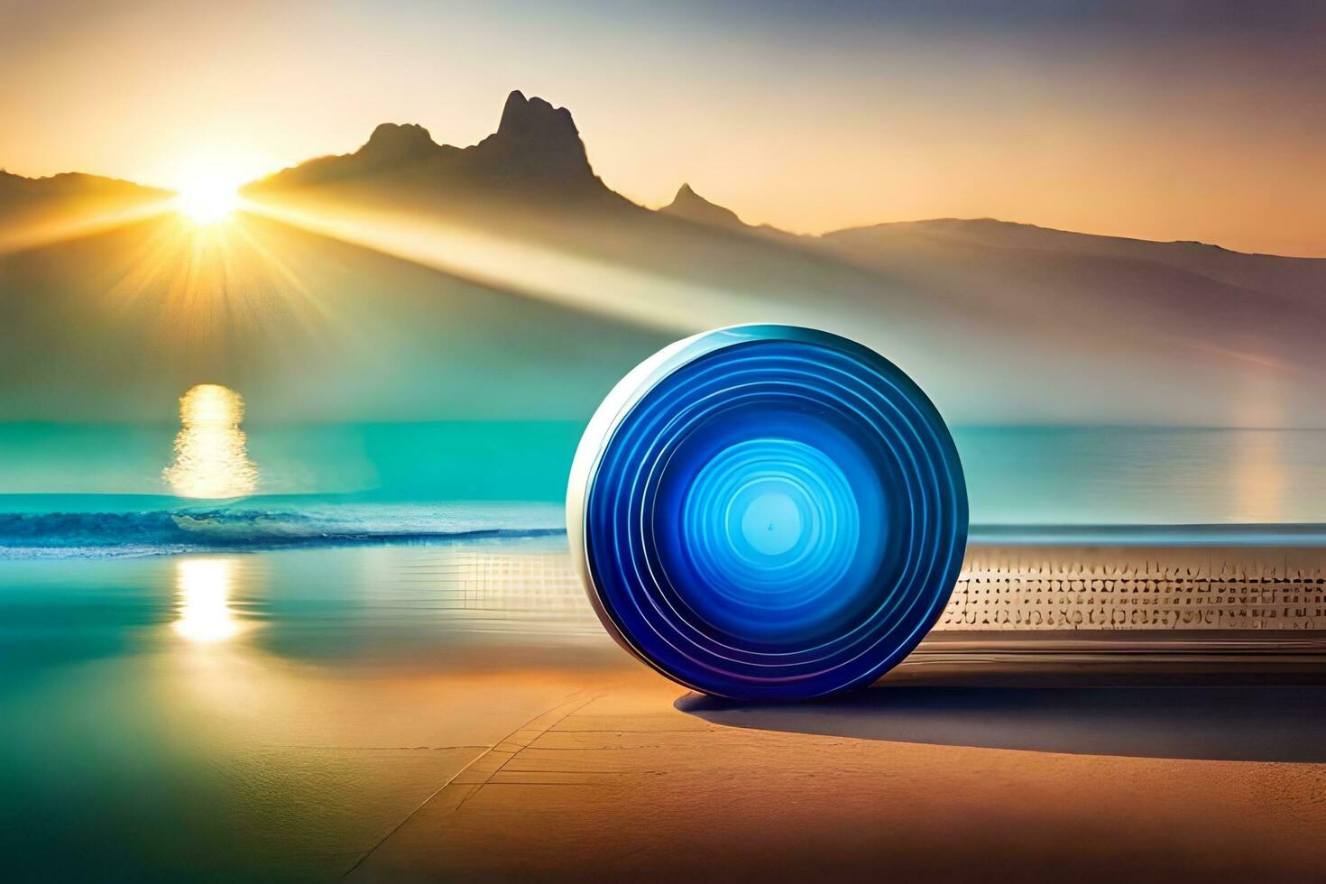en blå cirkulär objekt Sammanträde på de strand på solnedgång. ai-genererad foto