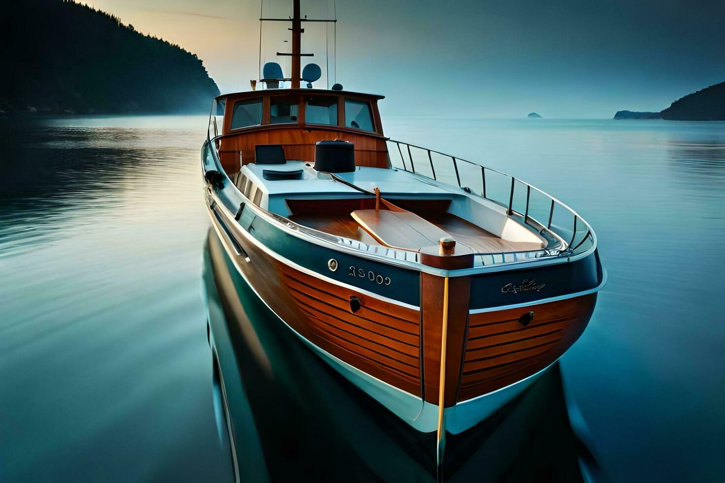 en båt är dockad i de vatten på solnedgång. ai-genererad foto