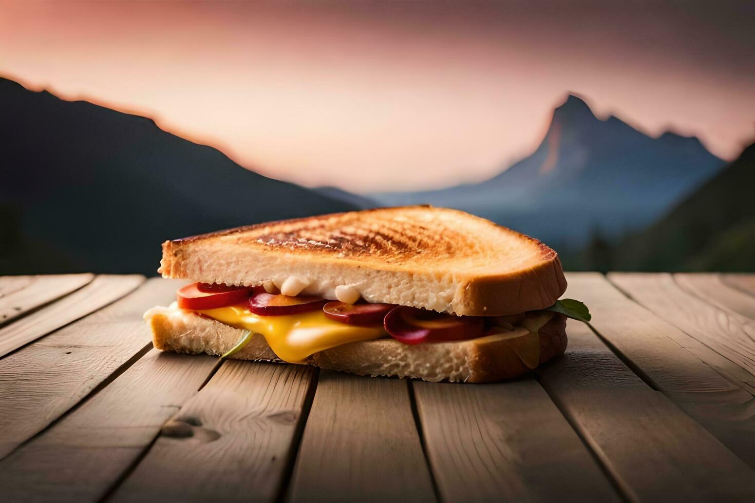 en grillad ost smörgås på en trä- tabell med bergen i de bakgrund. ai-genererad foto