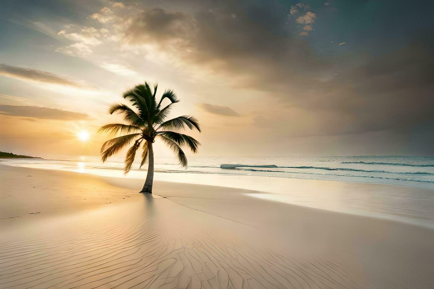 en handflatan träd står ensam på en sandig strand på solnedgång. ai-genererad foto