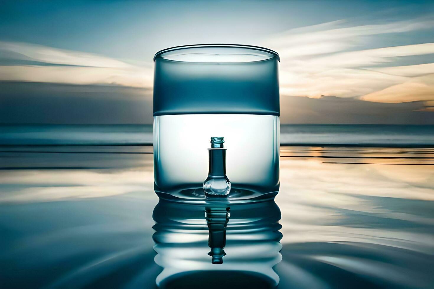 en glas av vatten Sammanträde på de strand med de hav i de bakgrund. ai-genererad foto