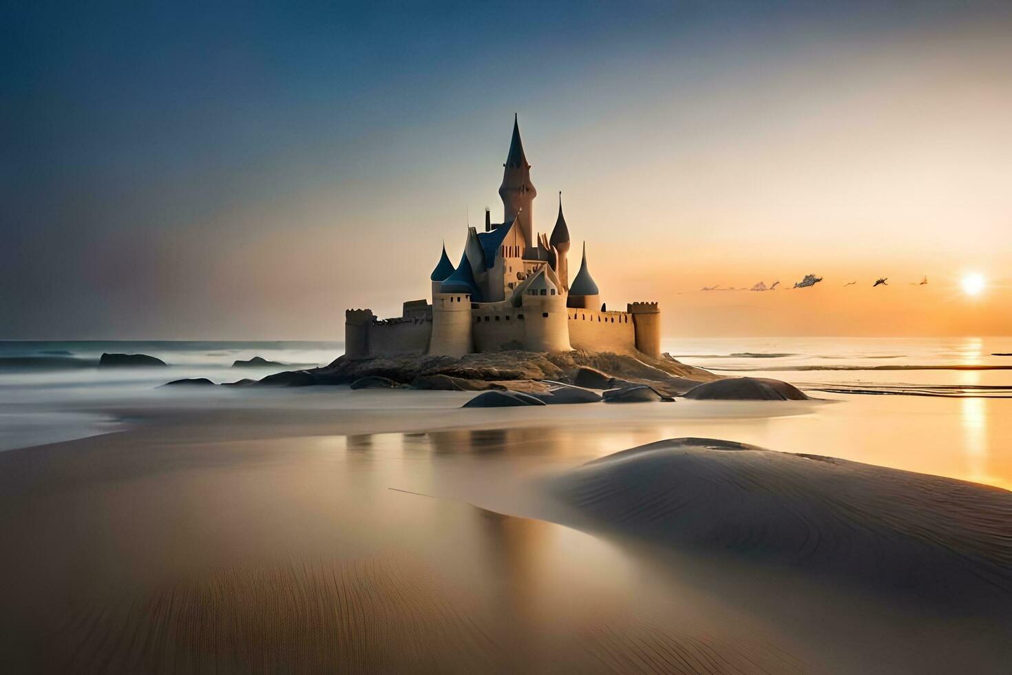 en slott sitter på de strand på solnedgång. ai-genererad foto