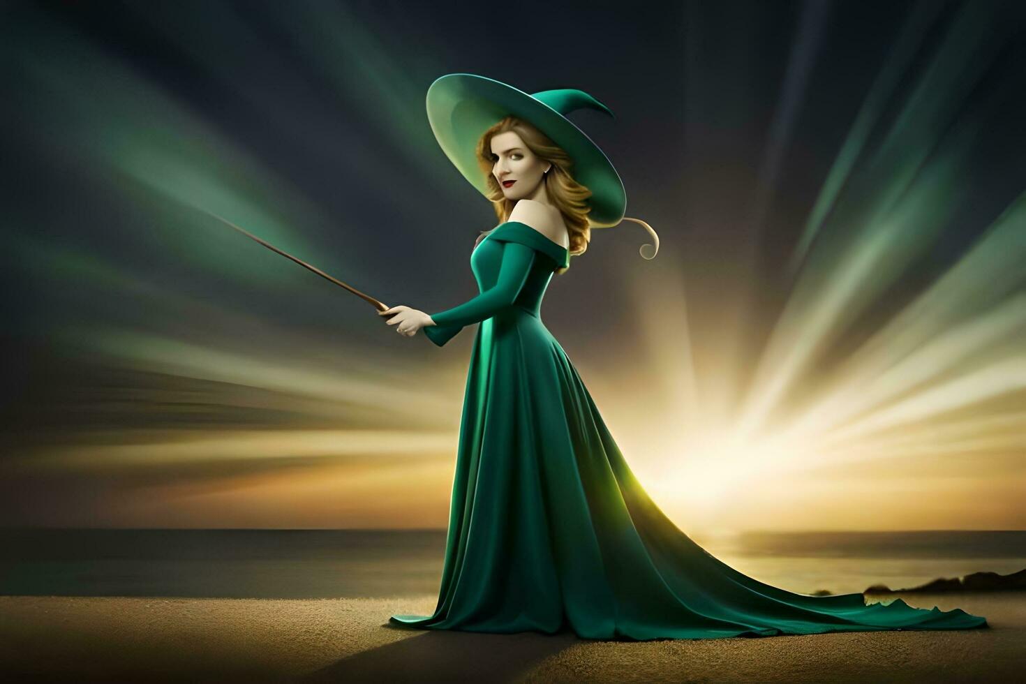 en kvinna i en grön klänning innehav en trollstav. ai-genererad foto