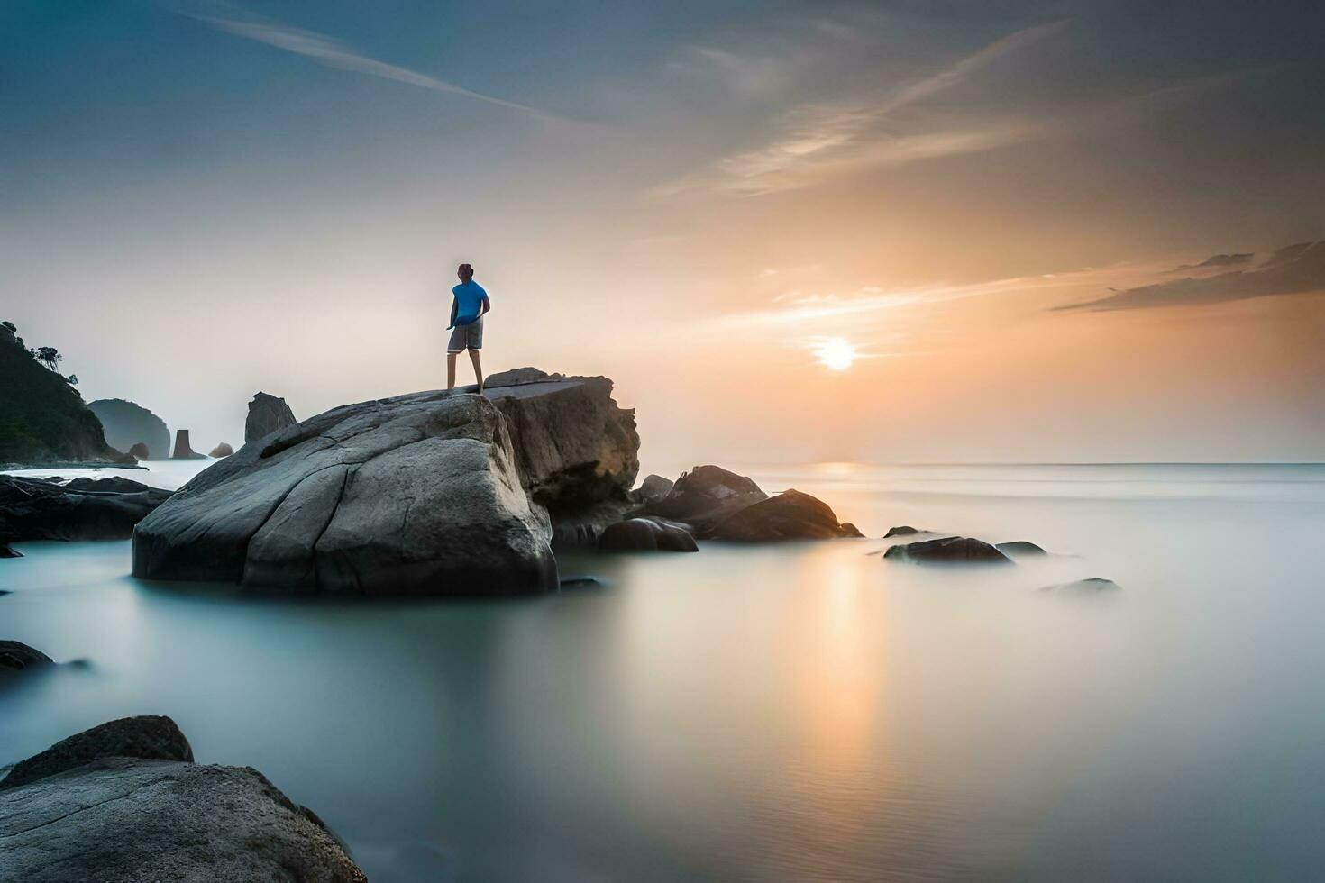 en man stående på en sten på de strand på solnedgång. ai-genererad foto