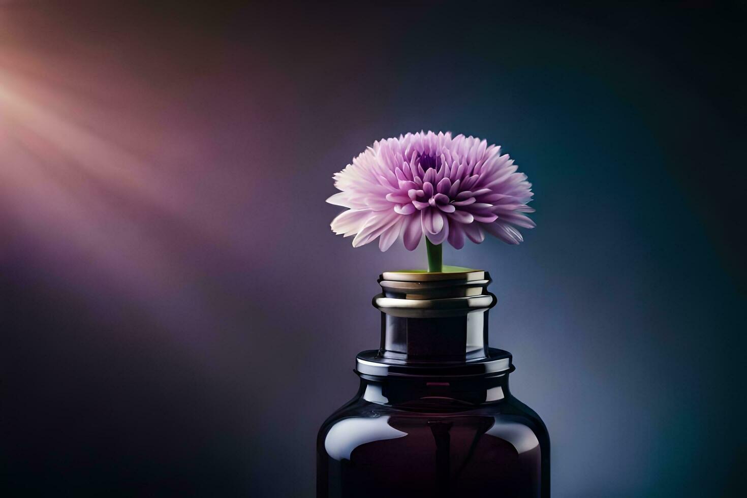 en flaska med en lila blomma i Det. ai-genererad foto