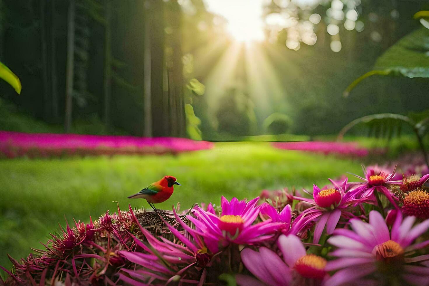 Foto tapet de Sol, blommor, fågel, natur, de skog, de Sol, de skog. ai-genererad