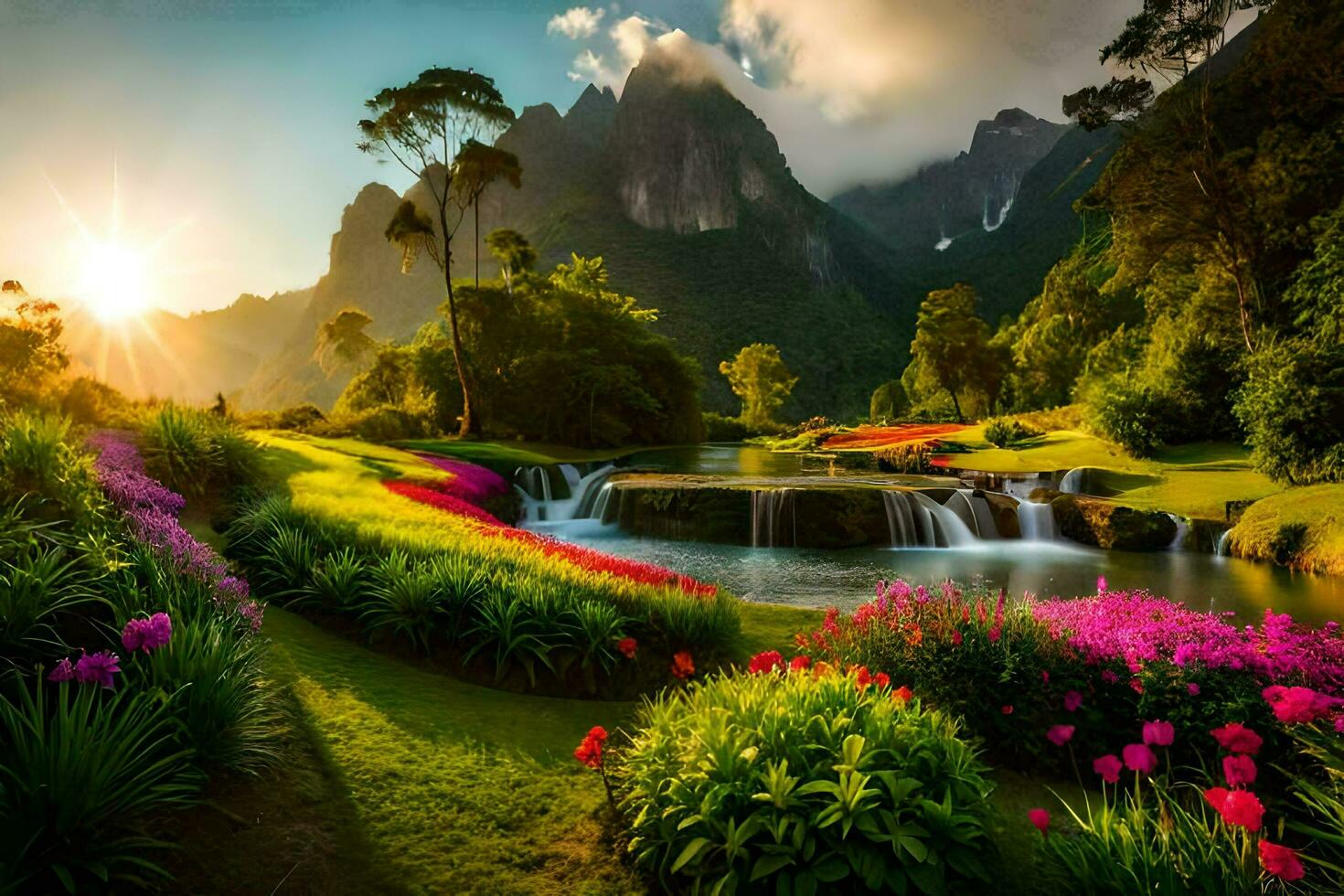 de Sol lyser över en skön trädgård med blommor och vattenfall. ai-genererad foto