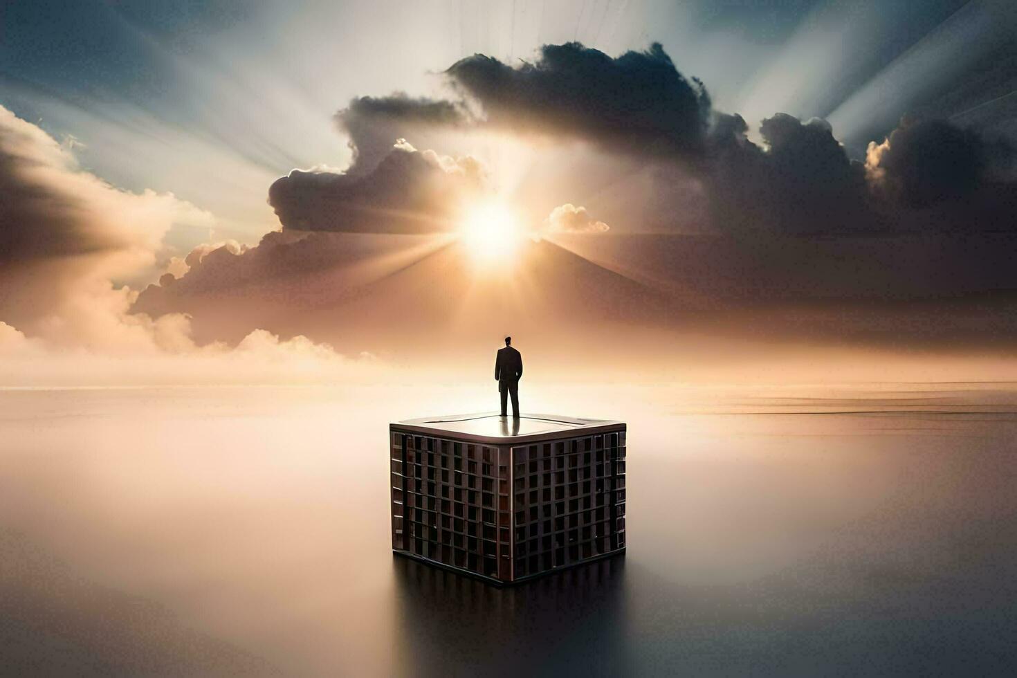 en man står på topp av en kub i de mitten av de hav. ai-genererad foto