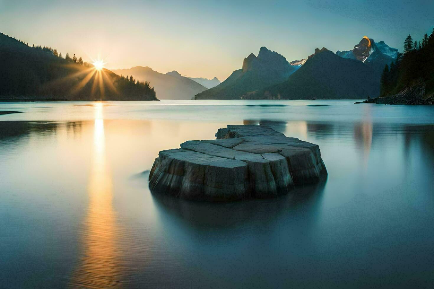 de Sol stiger över en sjö med en sten i de mitten. ai-genererad foto