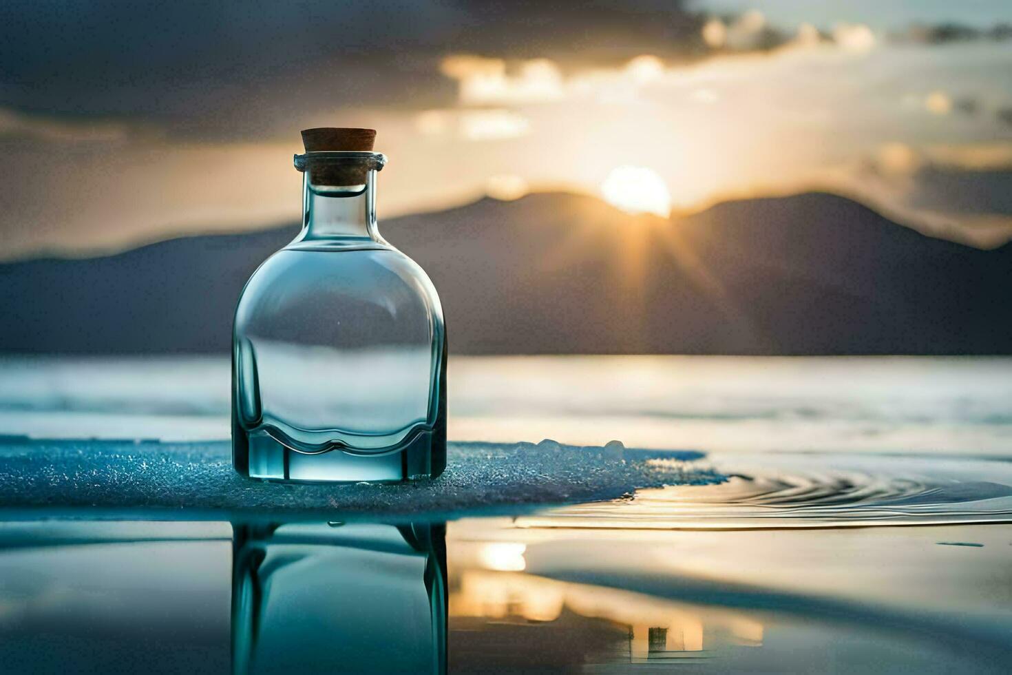 en flaska av gin sitter på de strand på solnedgång. ai-genererad foto