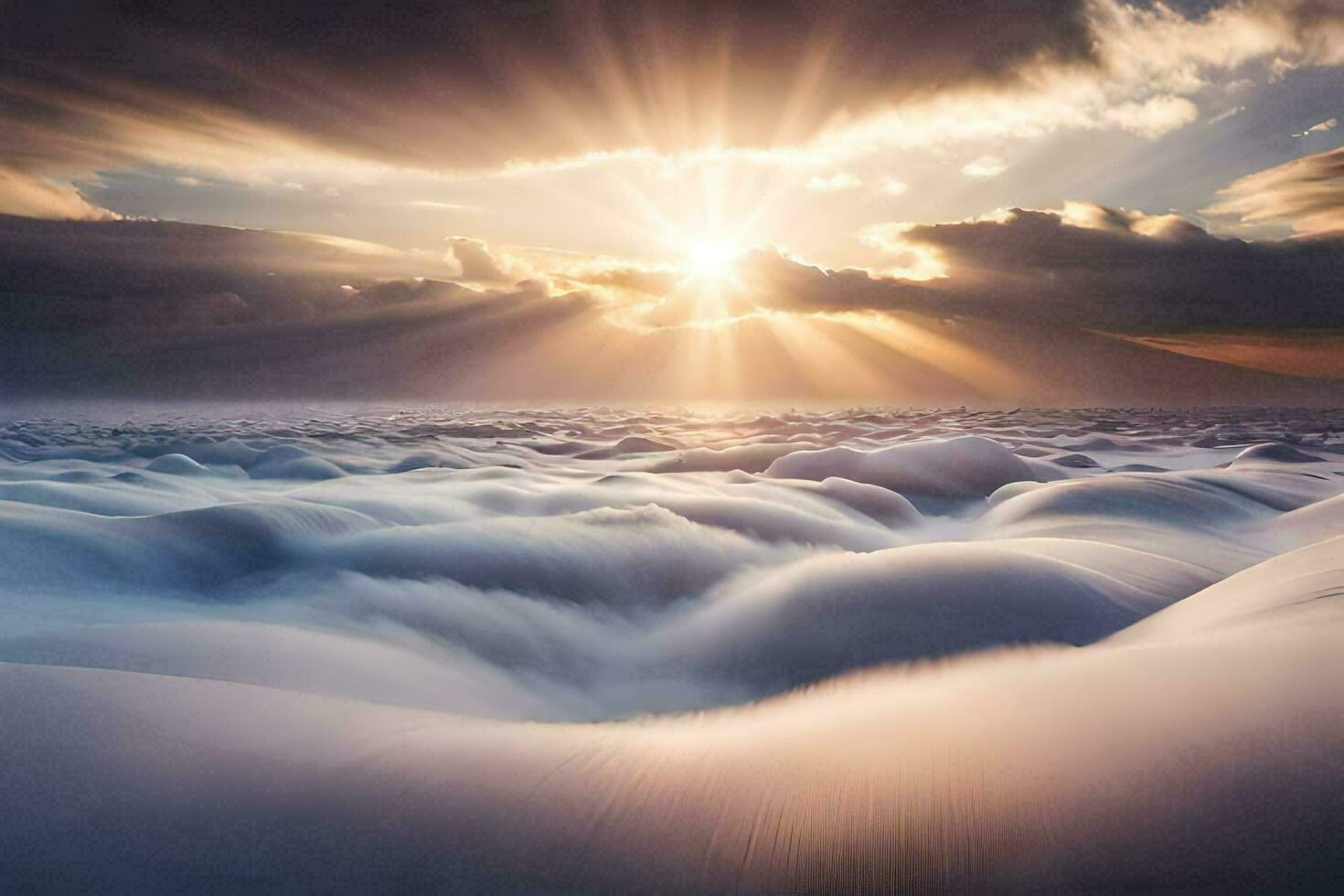 solljus lysande genom de moln över en stor kropp av vatten. ai-genererad foto