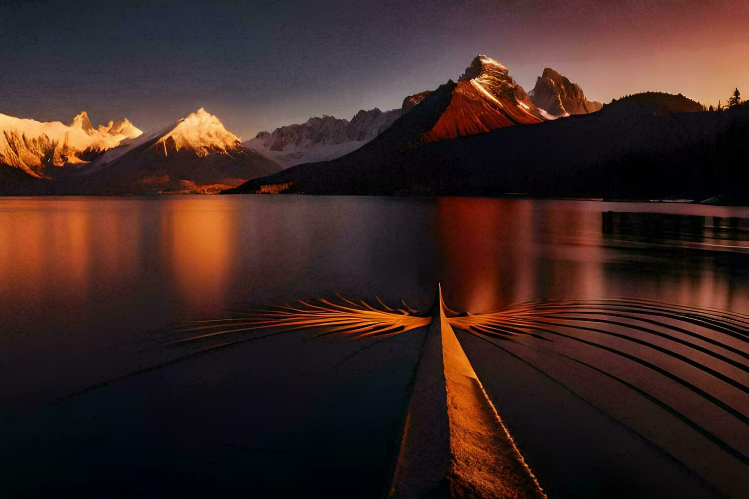 en båt är Sammanträde på de vatten i främre av berg. ai-genererad foto