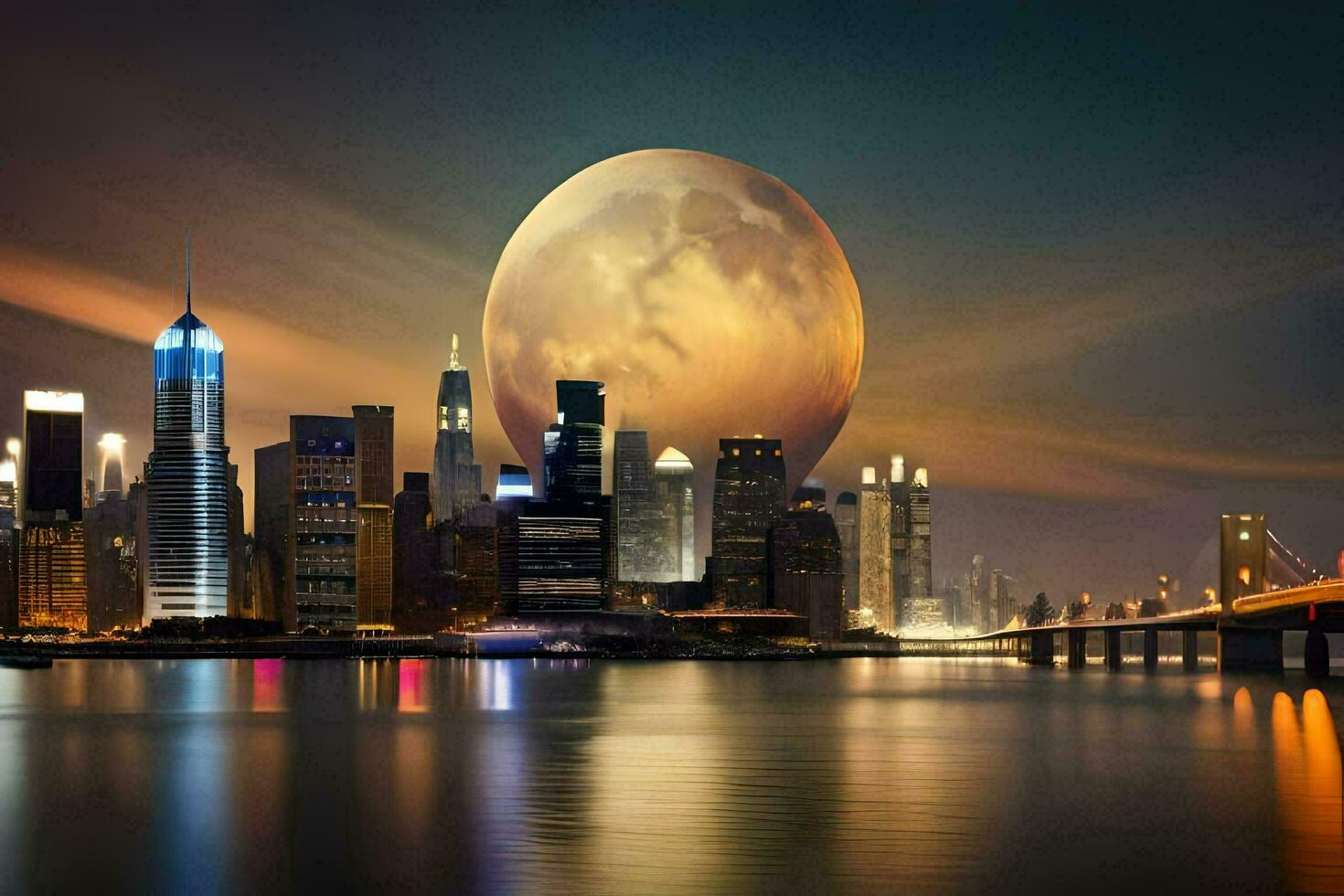 de måne stiger över de stad horisont på natt. ai-genererad foto