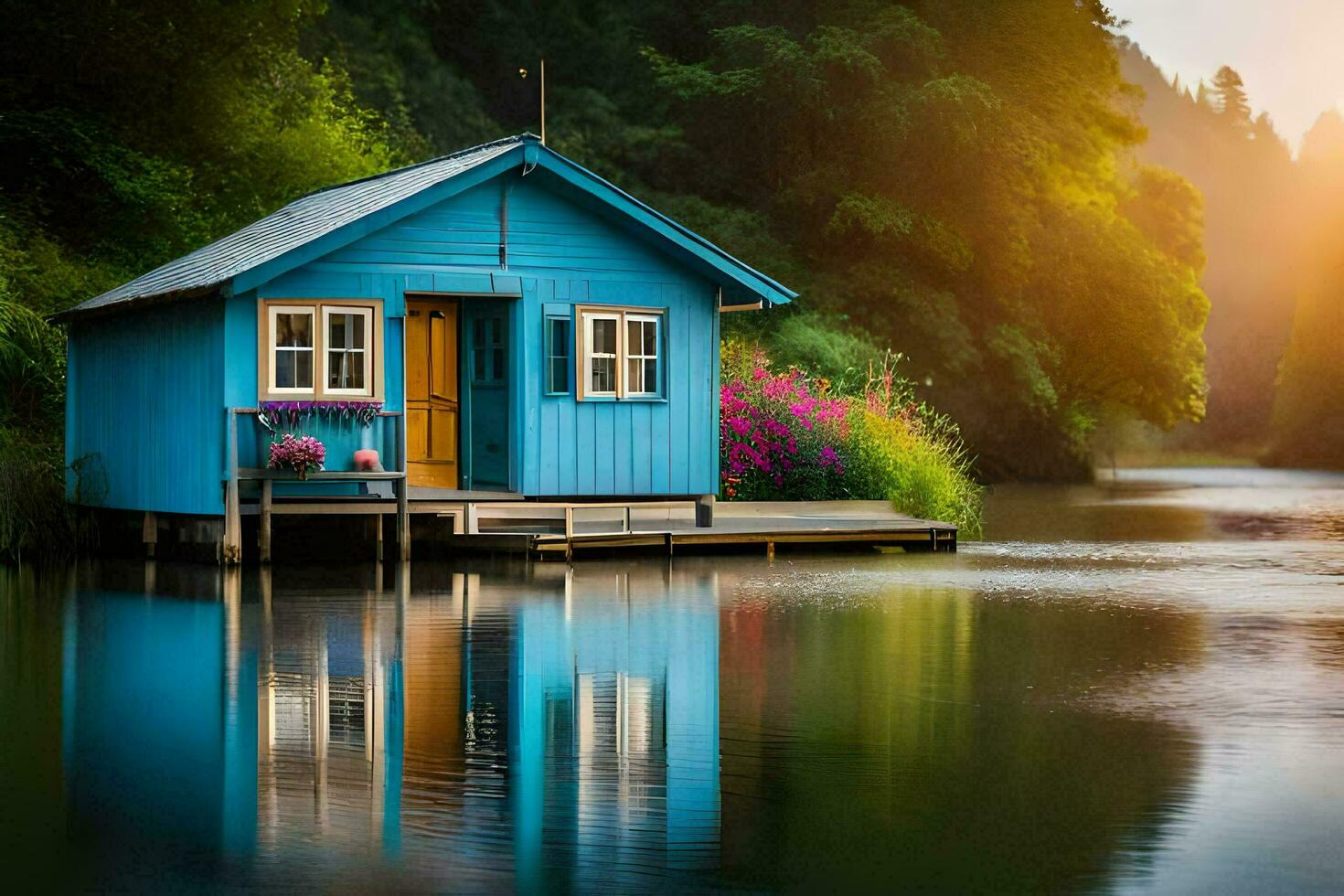 Foto tapet vatten, de Sol, de skog, de sjö, de hus, de hus på. ai-genererad