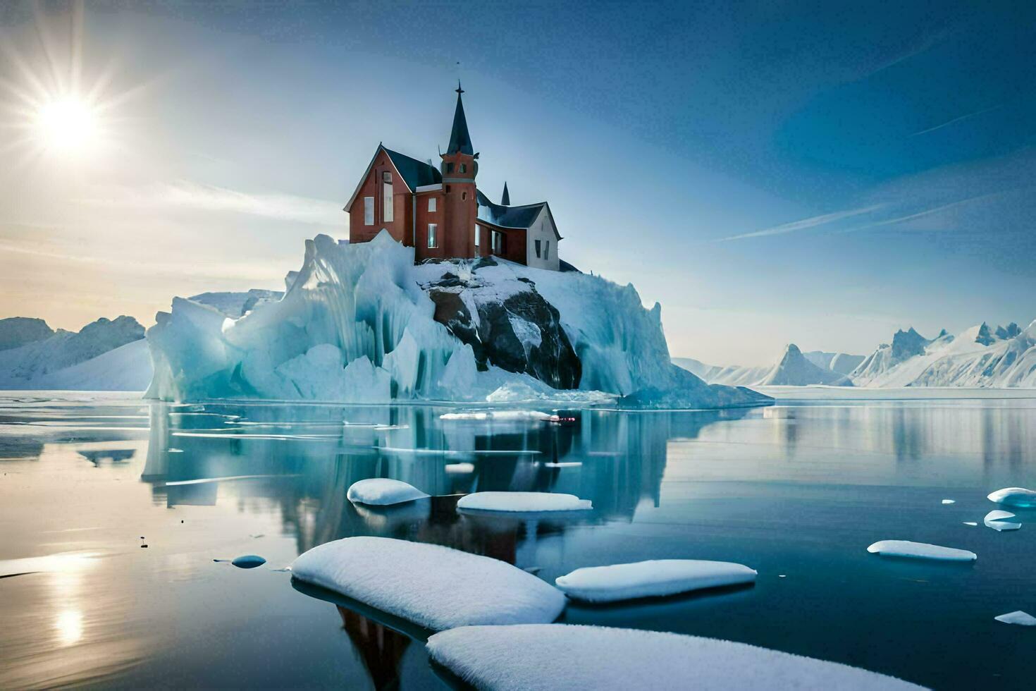 en kyrka på ett isberg i de mitten av de hav. ai-genererad foto