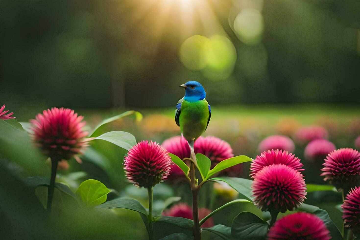 en blå fågel uppflugen på topp av rosa blommor. ai-genererad foto