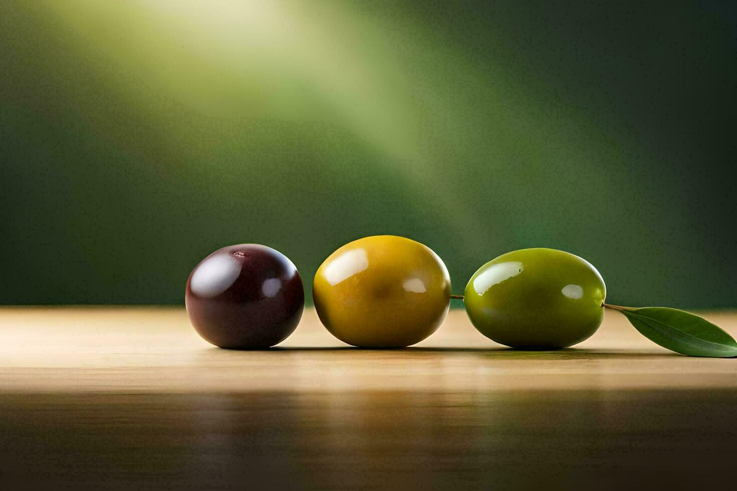 tre oliver på en trä- tabell. ai-genererad foto