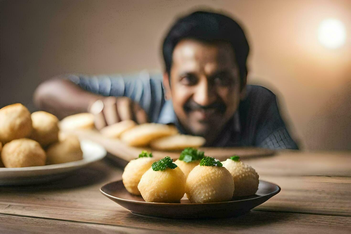 en man är leende medan innehav en tallrik av mat. ai-genererad foto