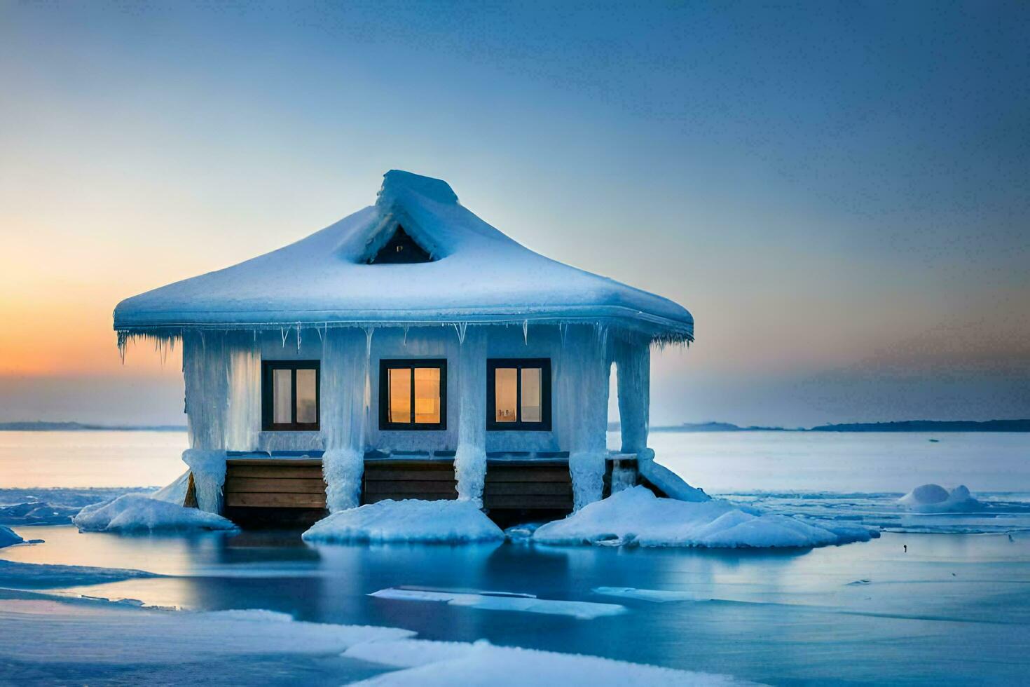 en små hus Sammanträde på topp av ett is täckt sjö. ai-genererad foto