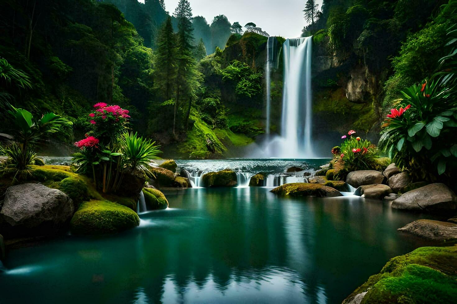 skön vattenfall i de skog med blommor och rocks. ai-genererad foto