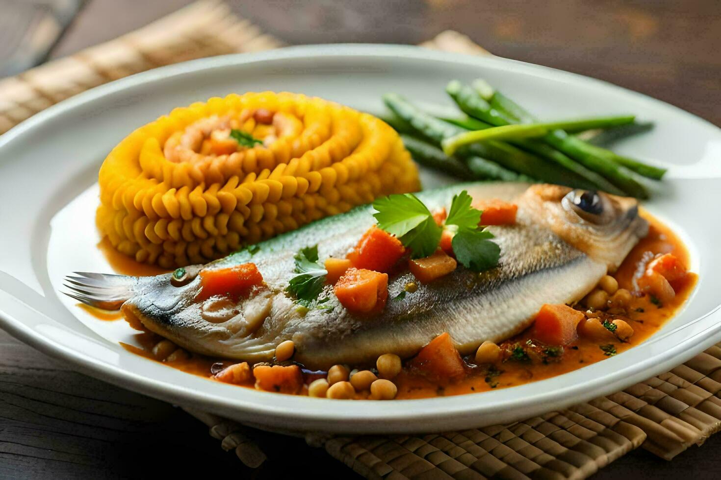 en fisk med grönsaker och pasta på en tallrik. ai-genererad foto