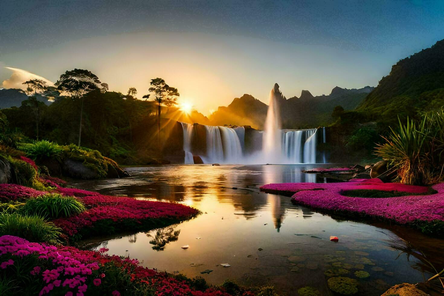 de vattenfall är omgiven förbi rosa blommor och de Sol är lysande. ai-genererad foto