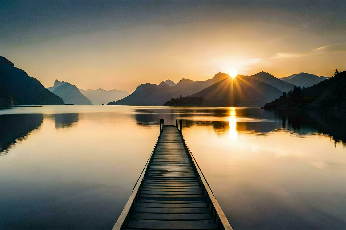 en trä- docka sträcker sig in i de vatten på solnedgång. ai-genererad foto