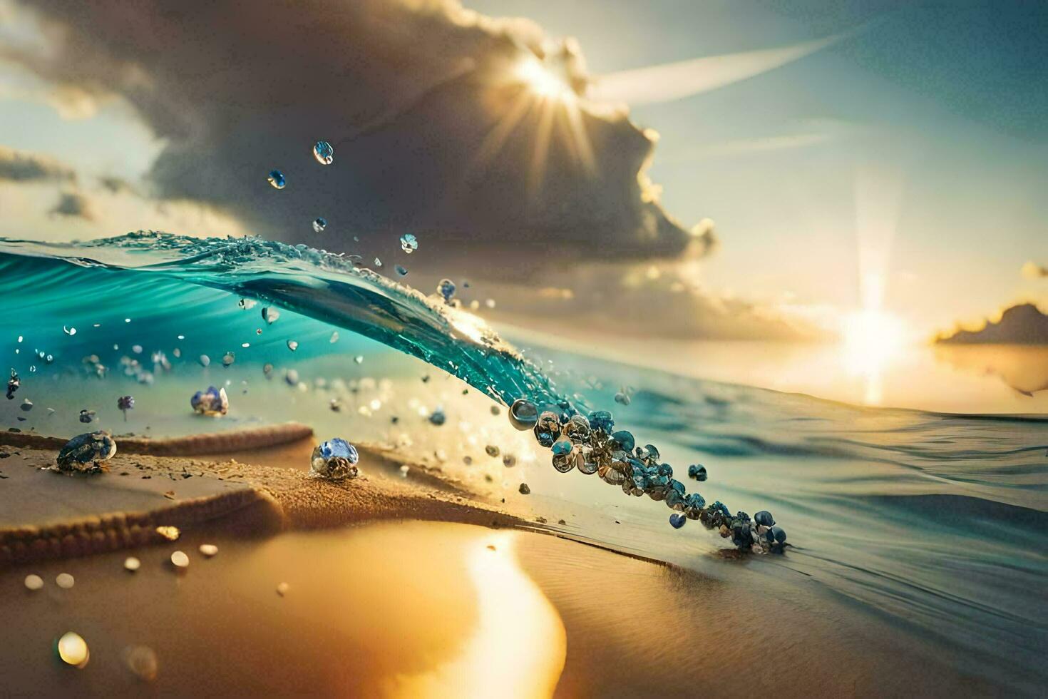 de Sol är lysande på en strand med vatten stänk. ai-genererad foto